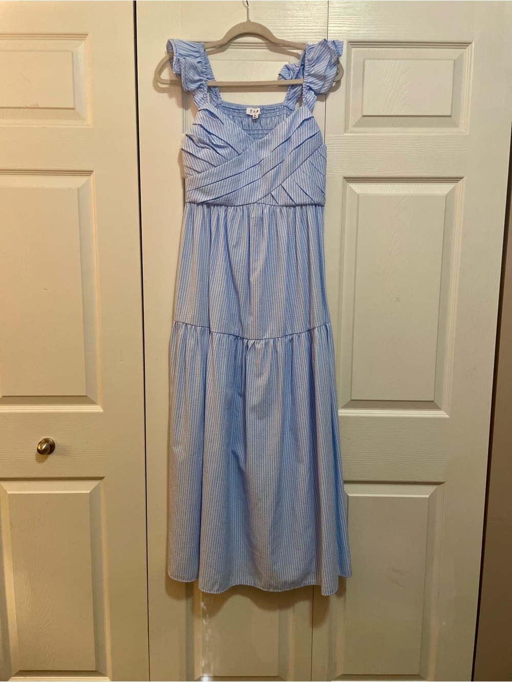 Blue Striped Ruffle Strap Maxi Dress